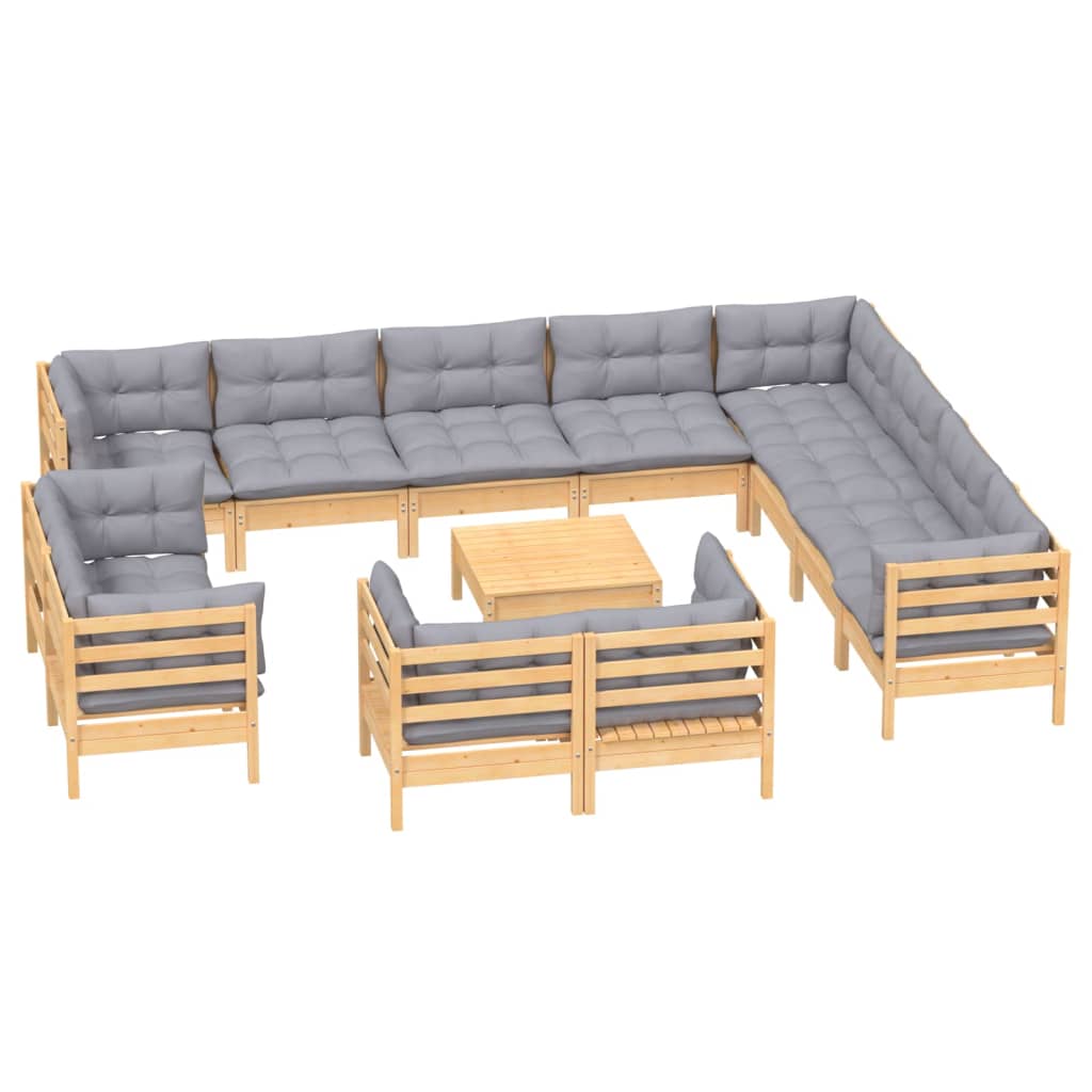 vidaXL 13-tlg. Garten-Lounge-Set mit Grauen Kissen Massivholz Kiefer