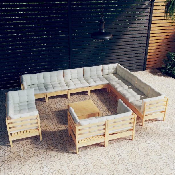 vidaXL 13-tlg. Garten-Lounge-Set mit Grauen Kissen Massivholz Kiefer