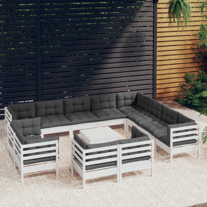 vidaXL 13-tlg. Garten-Lounge-Set mit Grauen Kissen Massivholz Kiefer