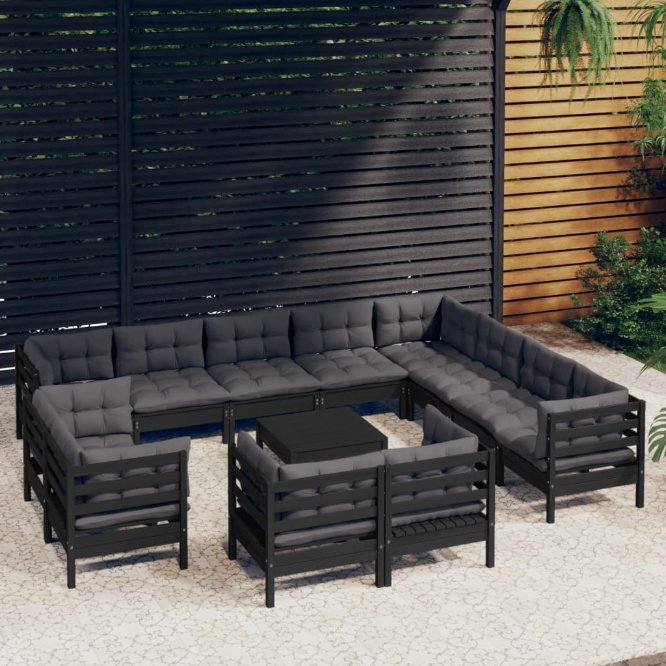 vidaXL 13-tlg. Garten-Lounge-Set mit Grauen Kissen Massivholz Kiefer