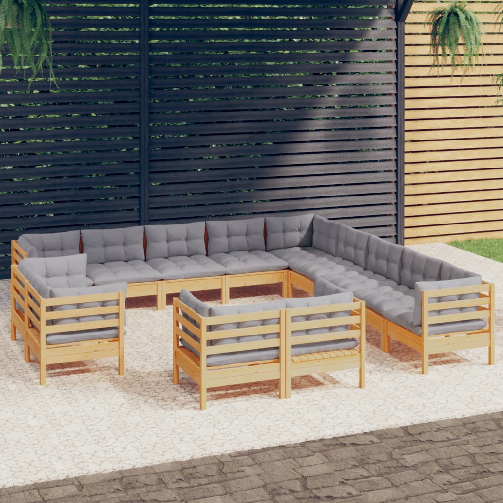 vidaXL 13-tlg. Garten-Lounge-Set mit Grauen Kissen Massivholz Kiefer