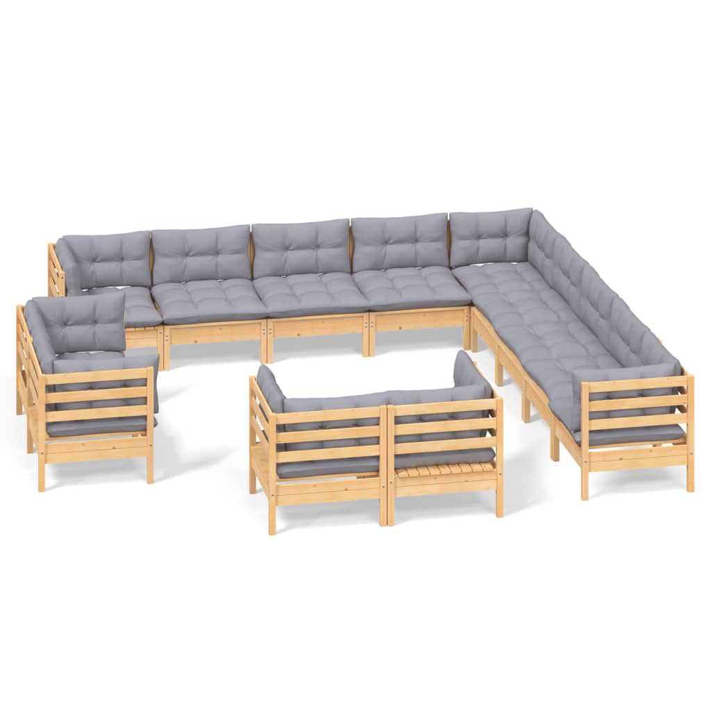 vidaXL 13-tlg. Garten-Lounge-Set mit Grauen Kissen Massivholz Kiefer
