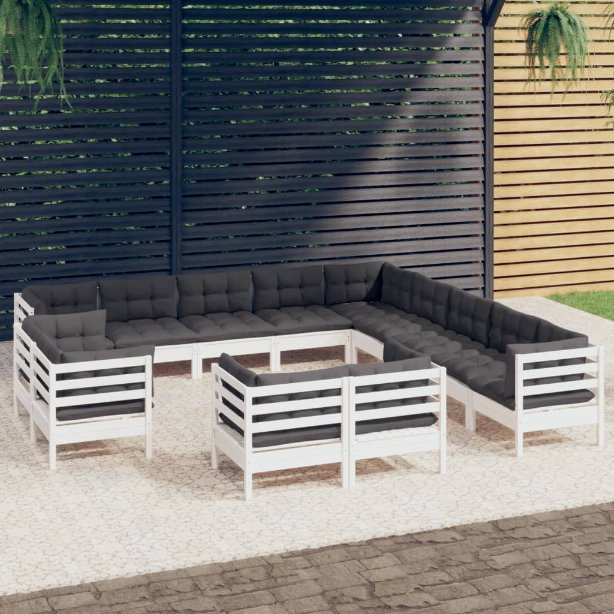 vidaXL 13-tlg. Garten-Lounge-Set mit Grauen Kissen Massivholz Kiefer