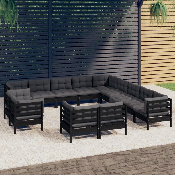 vidaXL 13-tlg. Garten-Lounge-Set mit Grauen Kissen Massivholz Kiefer