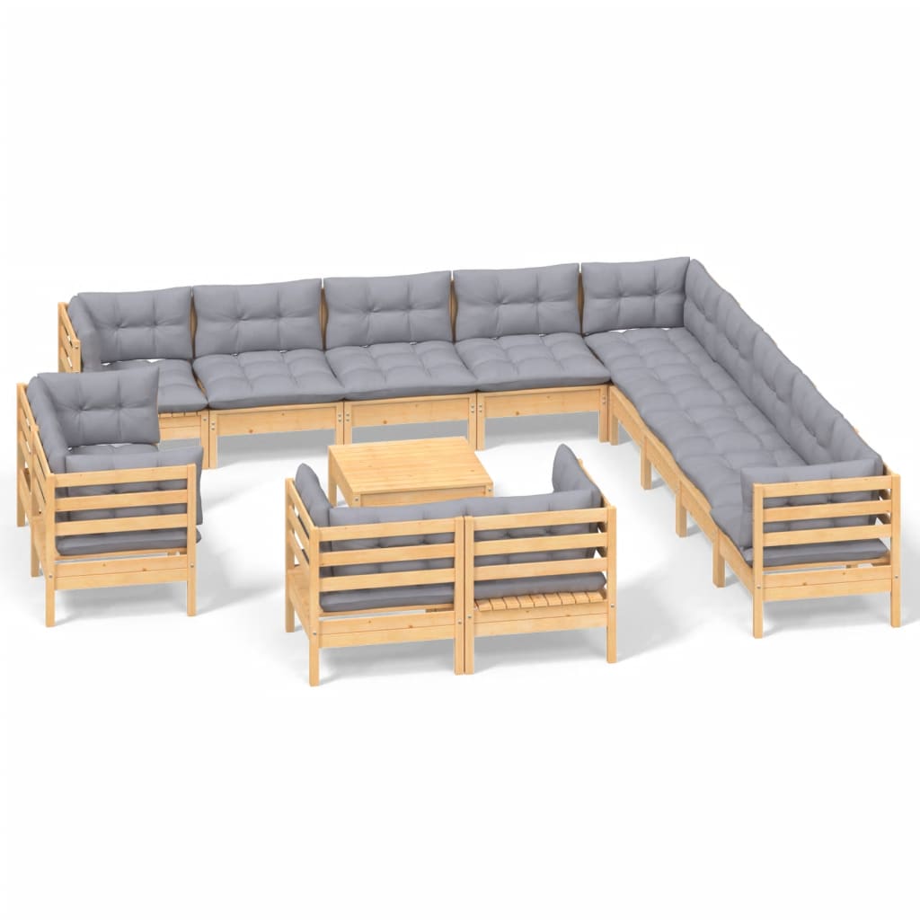 vidaXL 14-tlg. Garten-Lounge-Set mit Grauen Kissen Massivholz Kiefer
