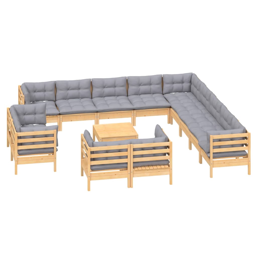 vidaXL 14-tlg. Garten-Lounge-Set mit Grauen Kissen Massivholz Kiefer