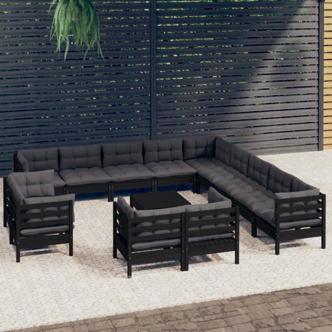 vidaXL 14-tlg. Garten-Lounge-Set mit Grauen Kissen Massivholz Kiefer