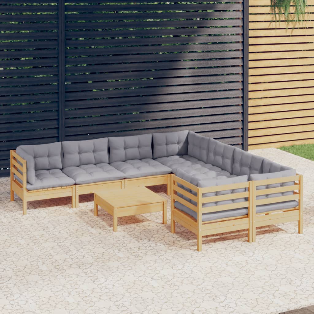 vidaXL 9-tlg. Garten-Lounge-Set mit Grauen Kissen Kiefernholz