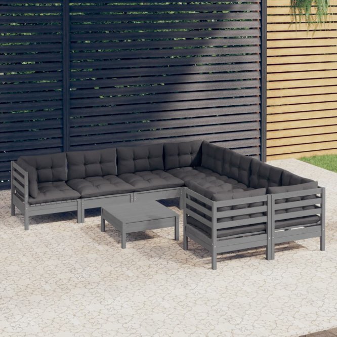 vidaXL 9-tlg. Garten-Lounge-Set mit Grauen Kissen Kiefernholz