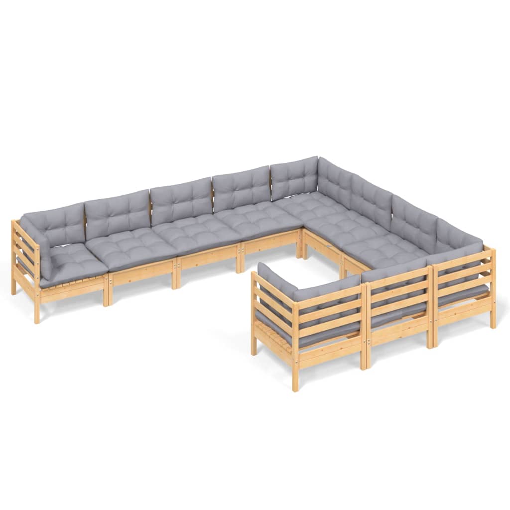 vidaXL 10-tlg. Garten-Lounge-Set mit Grauen Kissen Kiefernholz