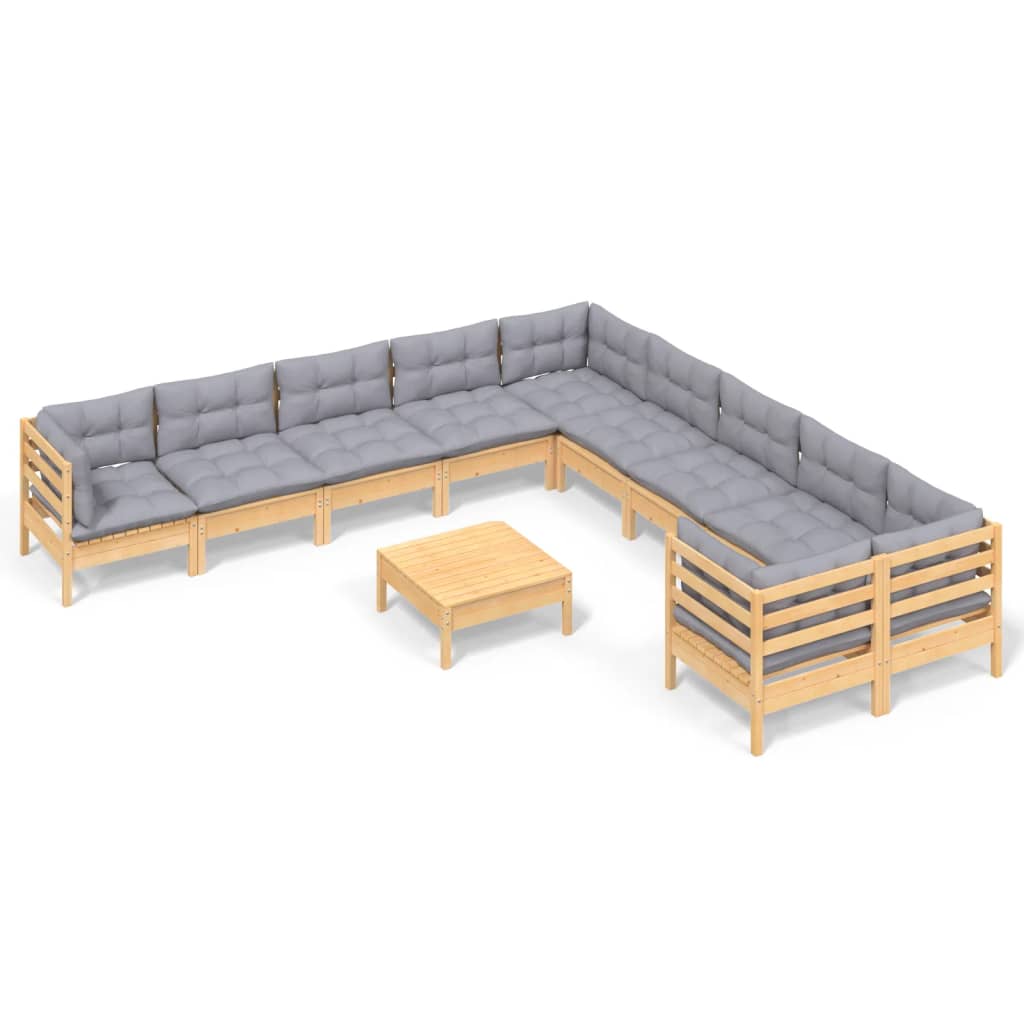 vidaXL 11-tlg. Garten-Lounge-Set mit Grauen Kissen Kiefernholz