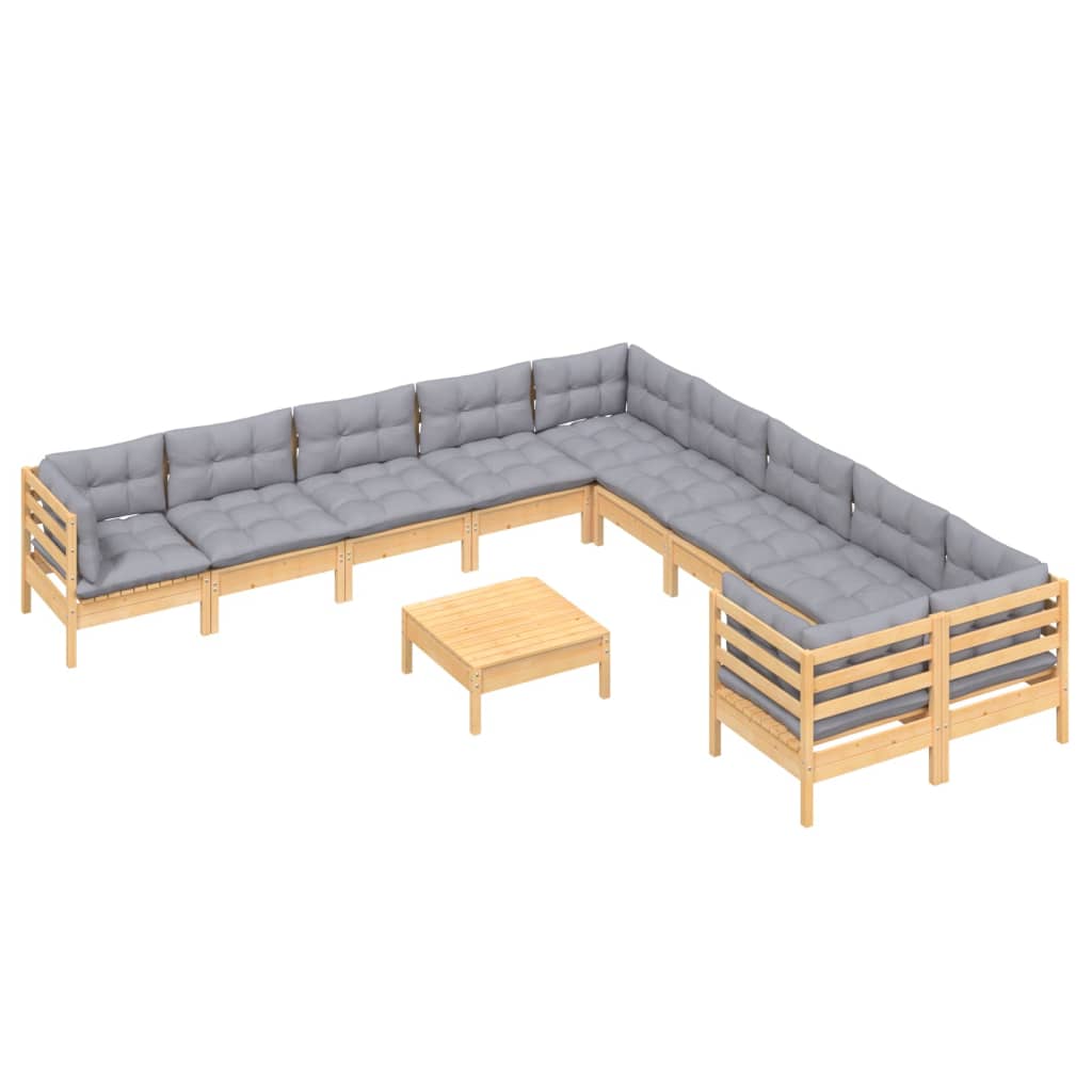 vidaXL 11-tlg. Garten-Lounge-Set mit Grauen Kissen Kiefernholz