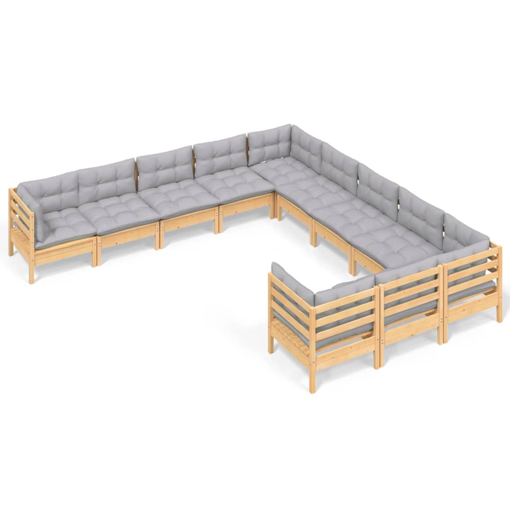 vidaXL 11-tlg. Garten-Lounge-Set mit Grauen Kissen Kiefernholz