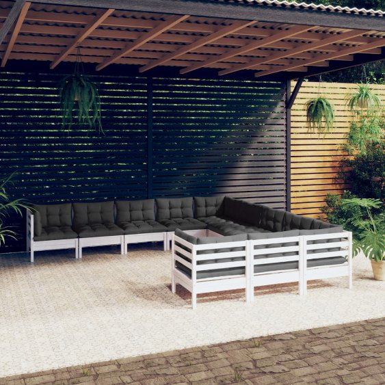 vidaXL 11-tlg. Garten-Lounge-Set mit Grauen Kissen Kiefernholz