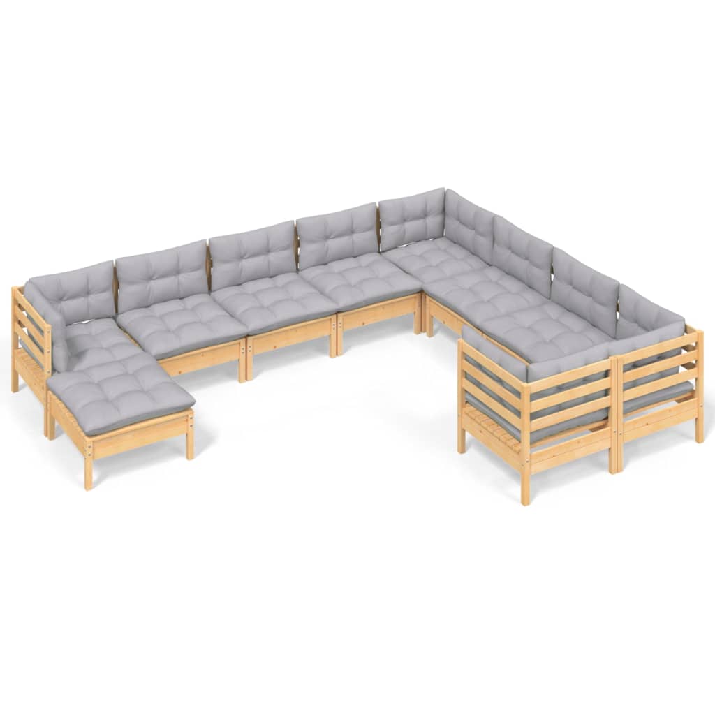 vidaXL 10-tlg. Garten-Lounge-Set mit Grauen Kissen Kiefernholz