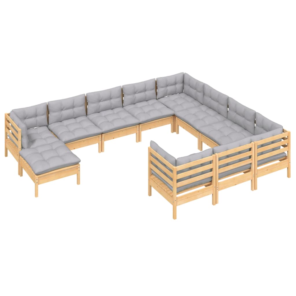 vidaXL 11-tlg. Garten-Lounge-Set mit Grauen Kissen Kiefernholz