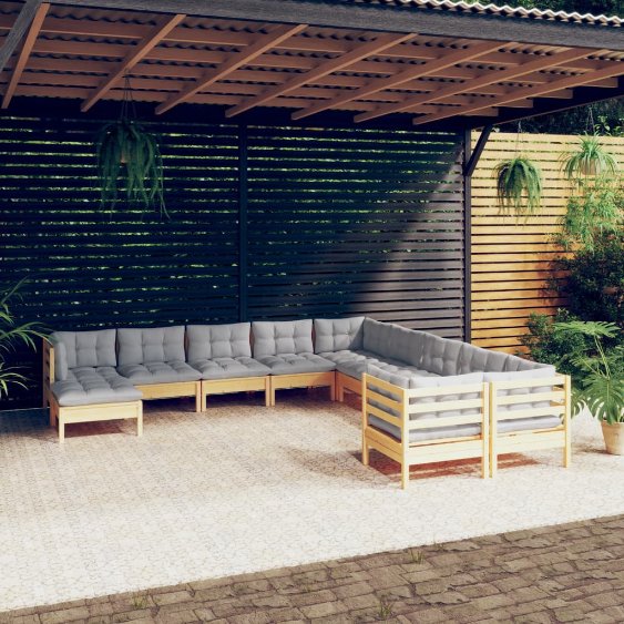 vidaXL 11-tlg. Garten-Lounge-Set mit Grauen Kissen Kiefernholz