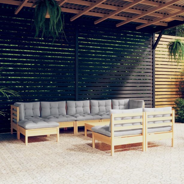 vidaXL 10-tlg. Garten-Lounge-Set mit Grauen Kissen Kiefernholz