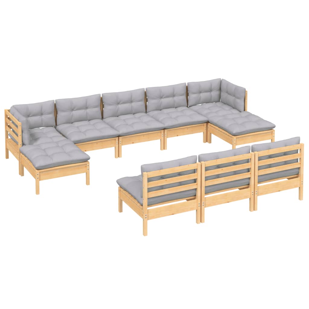 vidaXL 10-tlg. Garten-Lounge-Set mit Grauen Kissen Kiefernholz