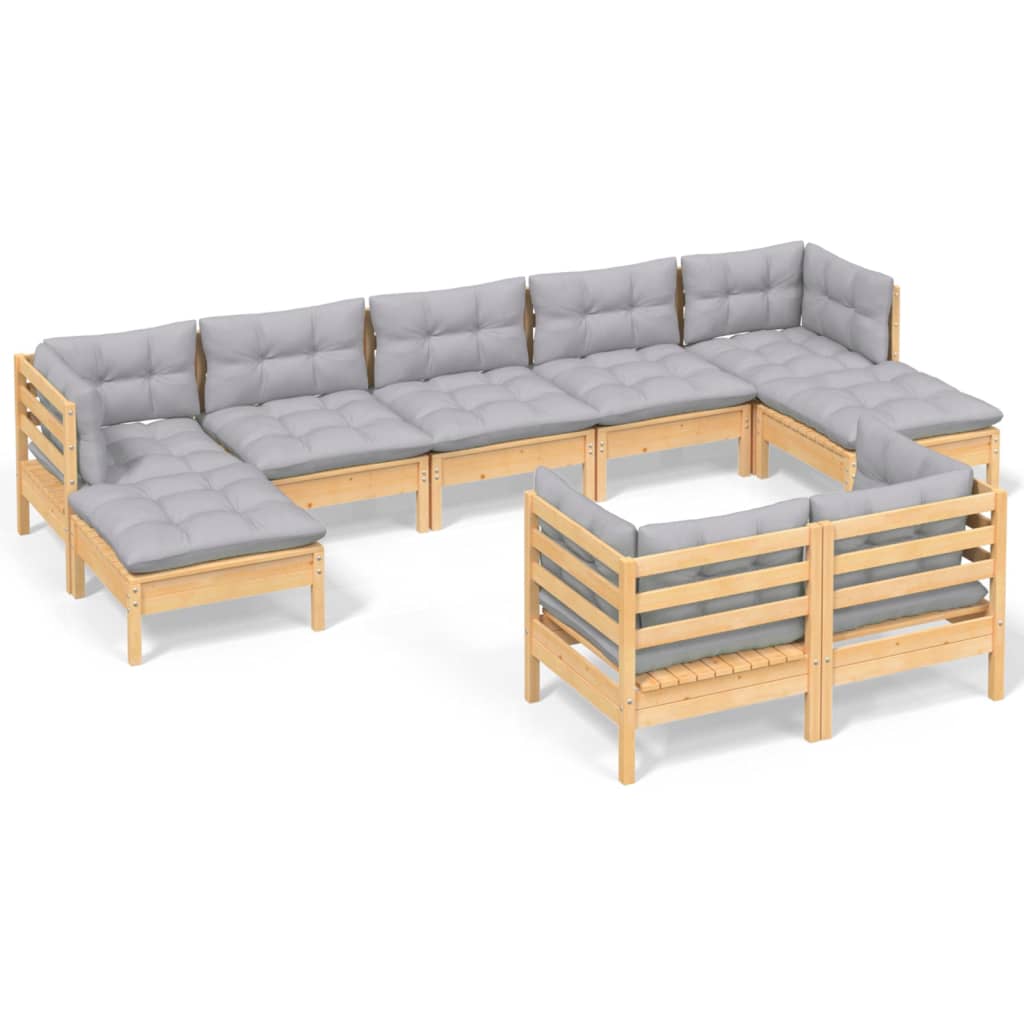 vidaXL 9-tlg. Garten-Lounge-Set mit Grauen Kissen Kiefer Massivholz