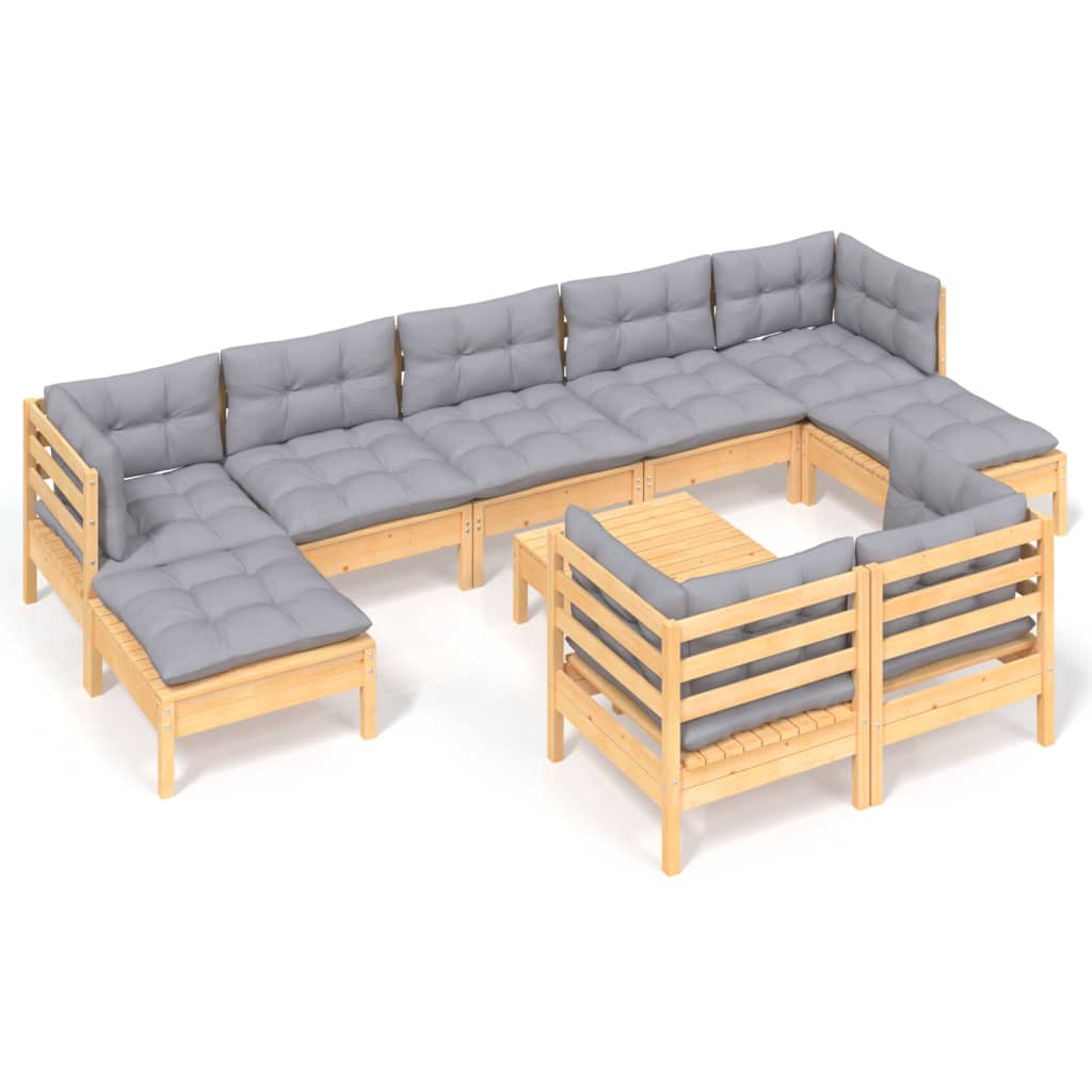 vidaXL 10-tlg. Garten-Lounge-Set mit Grauen Kissen Kiefer Massivholz