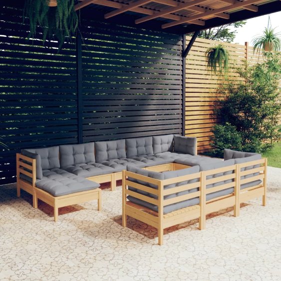 vidaXL 10-tlg. Garten-Lounge-Set mit Grauen Kissen Kiefer Massivholz