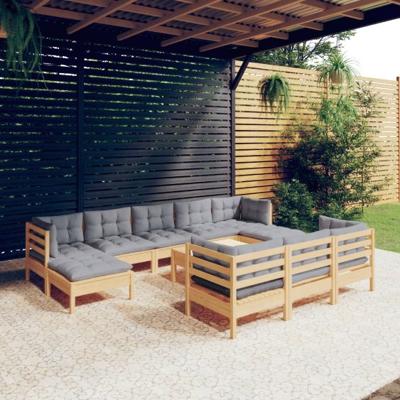 vidaXL 11-tlg. Garten-Lounge-Set mit Grauen Kissen Kiefer Massivholz