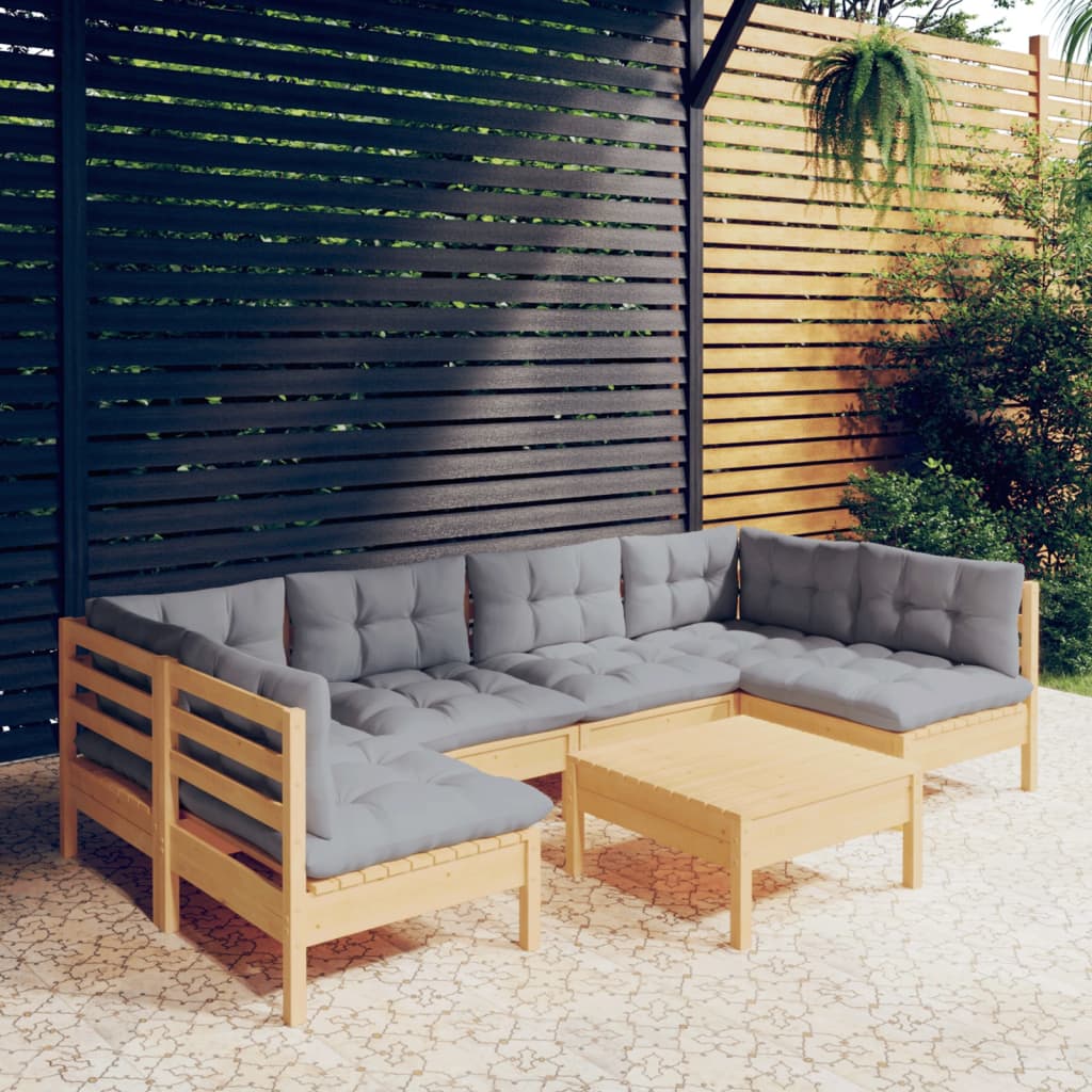 vidaXL 7-tlg. Garten-Lounge-Set mit Grauen Kissen Kiefer Massivholz