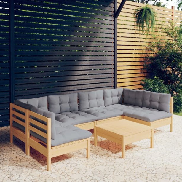 vidaXL 7-tlg. Garten-Lounge-Set mit Grauen Kissen Kiefer Massivholz