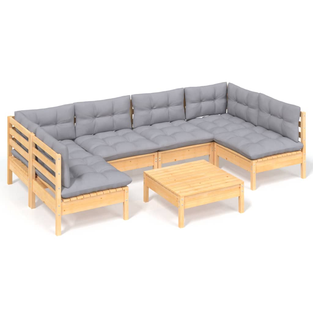 vidaXL 7-tlg. Garten-Lounge-Set mit Grauen Kissen Kiefer Massivholz