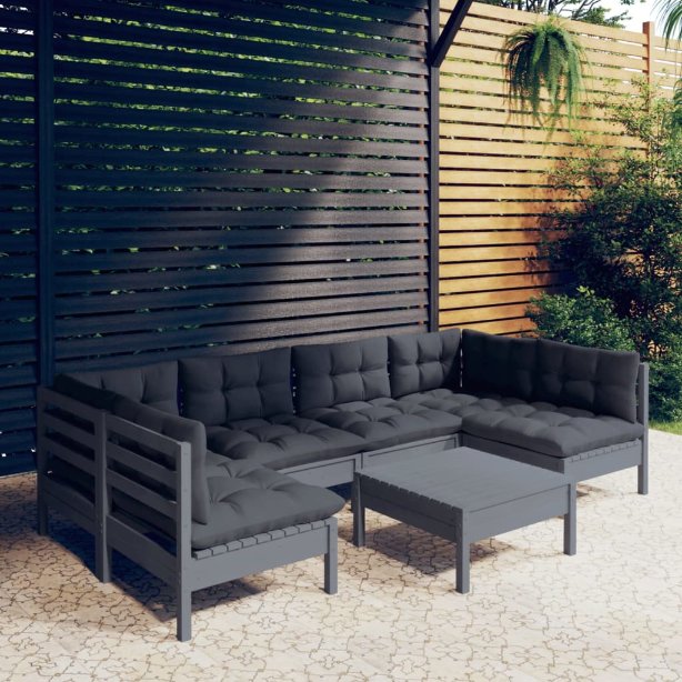 vidaXL 7-tlg. Garten-Lounge-Set mit Grauen Kissen Kiefer Massivholz