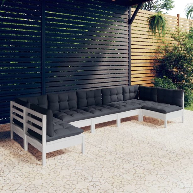 vidaXL 7-tlg. Garten-Lounge-Set mit Grauen Kissen Kiefer Massivholz