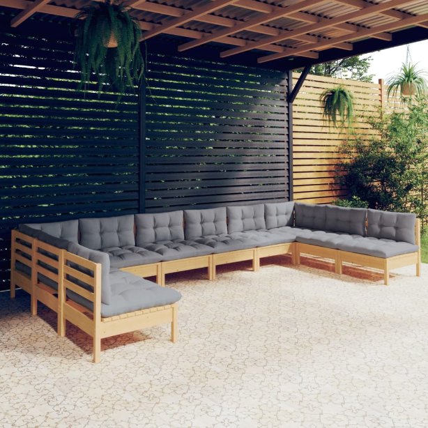vidaXL 10-tlg. Garten-Lounge-Set mit Grauen Kissen Kiefer Massivholz