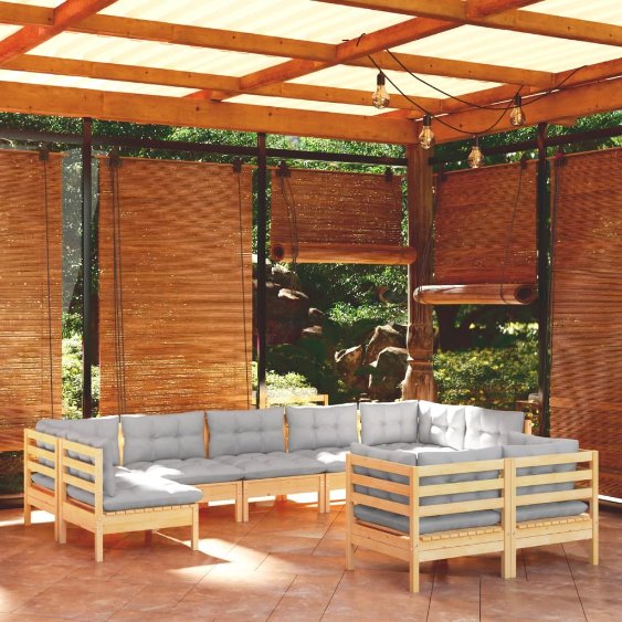 vidaXL 9-tlg. Garten-Lounge-Set mit Grauen Kissen Kiefer Massivholz