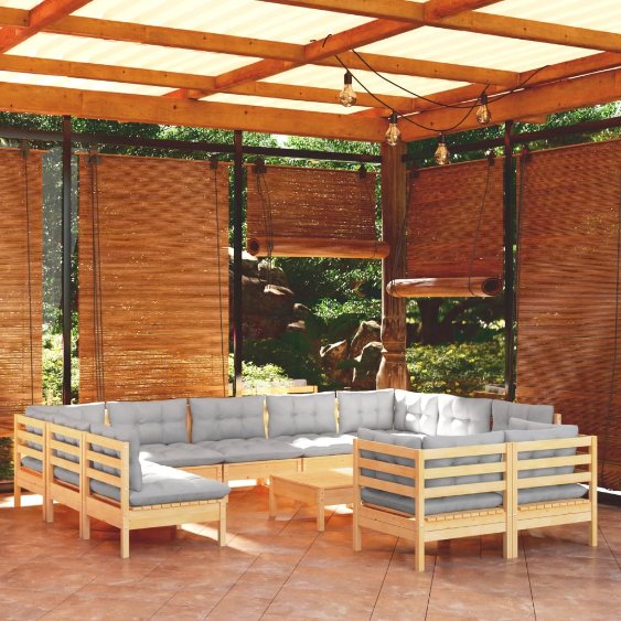 vidaXL 12-tlg. Garten-Lounge-Set mit Grauen Kissen Kiefer Massivholz