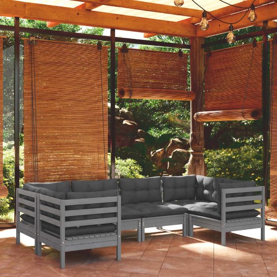 vidaXL 6-tlg. Garten-Lounge-Set mit Grauen Kissen Kiefernholz