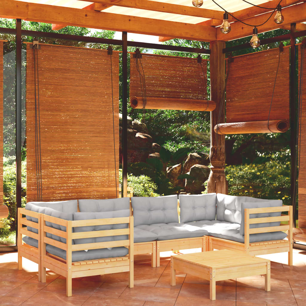 vidaXL 7-tlg. Garten-Lounge-Set mit Grauen Kissen Kiefernholz
