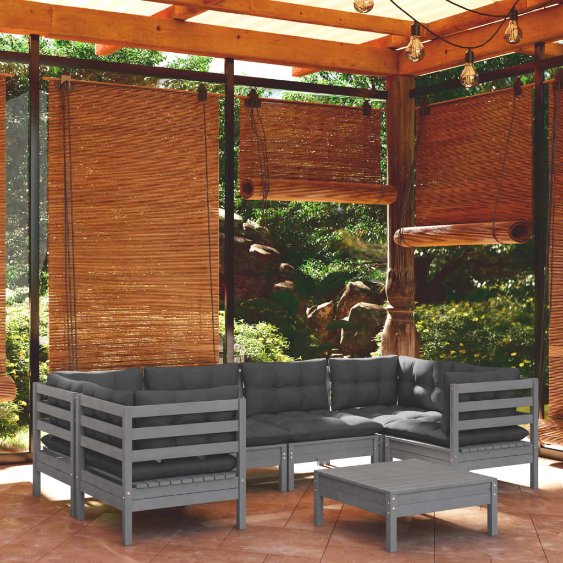 vidaXL 7-tlg. Garten-Lounge-Set mit Grauen Kissen Kiefernholz