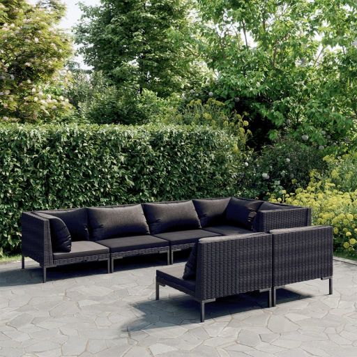 vidaXL 7-tlg. Garten-Lounge-Set mit Kissen Poly Rattan Dunkelgrau