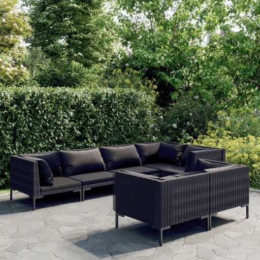 vidaXL 7-tlg. Garten-Lounge-Set mit Kissen Poly Rattan Dunkelgrau