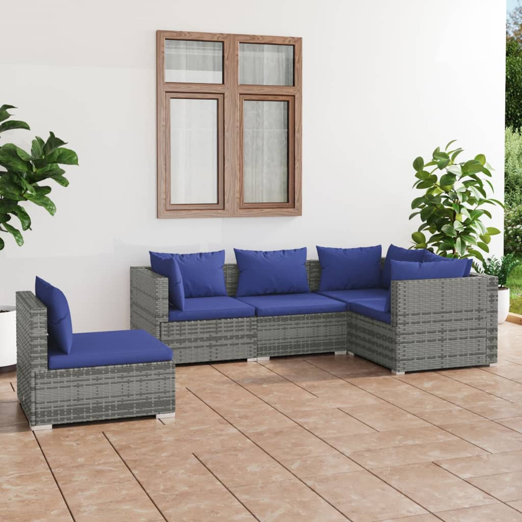 vidaXL 5-tlg. Garten-Lounge-Set mit Kissen Poly Rattan Schwarz