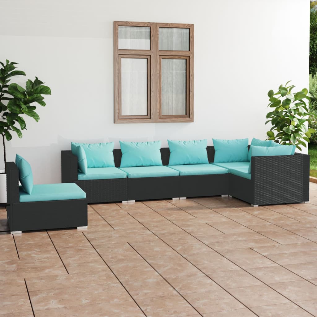 vidaXL 5-tlg. Garten-Lounge-Set mit Kissen Poly Rattan Schwarz
