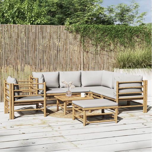 vidaXL 6-tlg. Garten-Lounge-Set mit Hellgrauen Kissen Bambus
