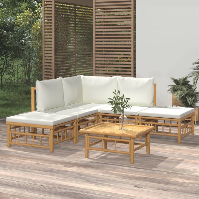 vidaXL 6-tlg. Garten-Lounge-Set mit Cremeweißen Kissen Bambus