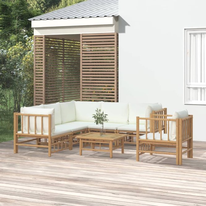 vidaXL 6-tlg. Garten-Lounge-Set mit Cremeweißen Kissen Bambus