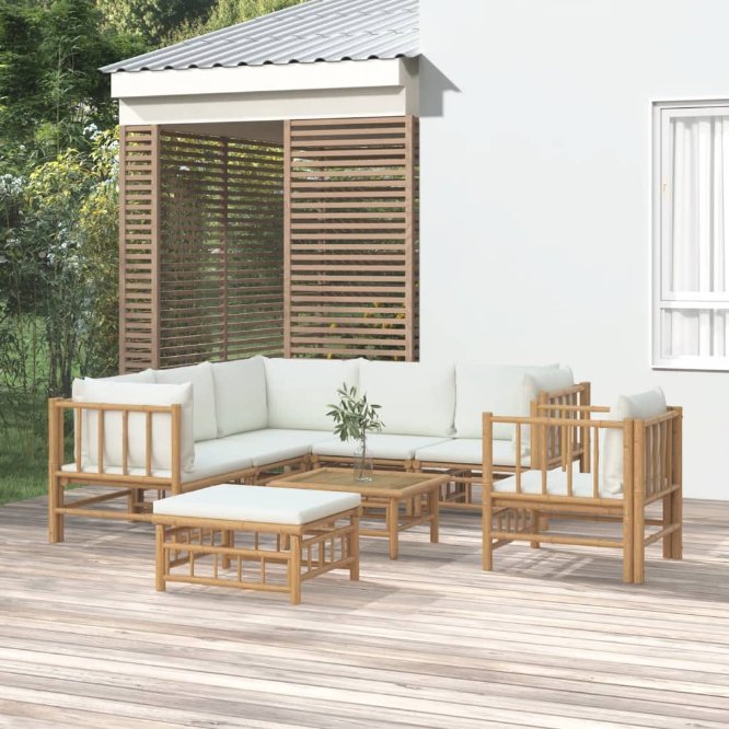vidaXL 6-tlg. Garten-Lounge-Set mit Cremeweißen Kissen Bambus