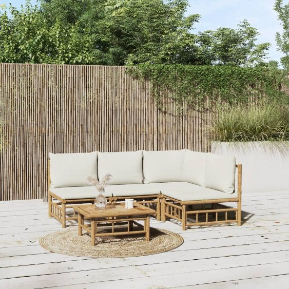 vidaXL 6-tlg. Garten-Lounge-Set mit Cremeweißen Kissen Bambus
