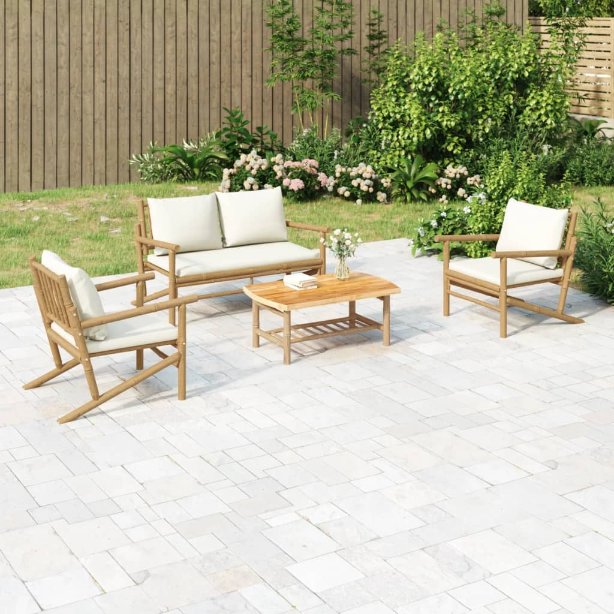 vidaXL 4-tlg. Garten-Lounge-Set mit Dunkelgrauen Kissen Bambus
