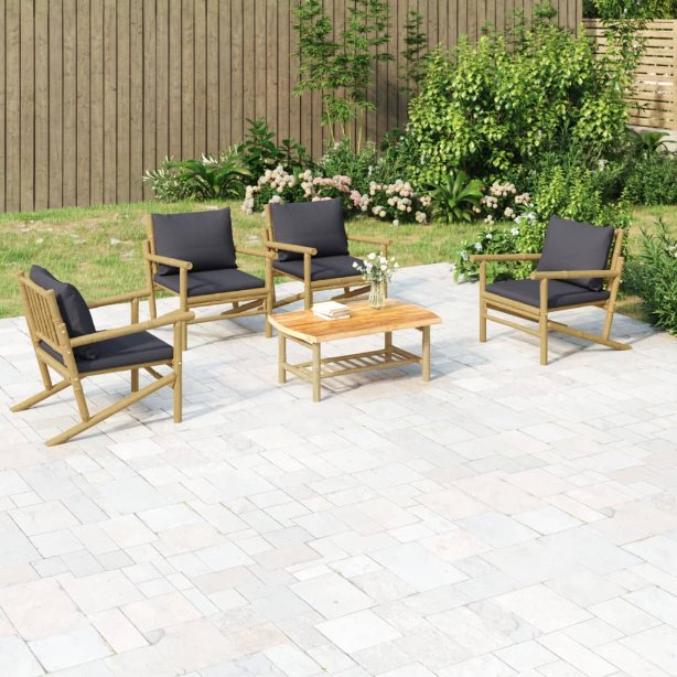 vidaXL 4-tlg. Garten-Lounge-Set mit Dunkelgrauen Kissen Bambus