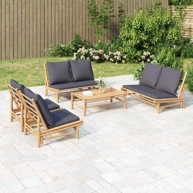 vidaXL 4-tlg. Garten-Lounge-Set mit Dunkelgrauen Kissen Bambus